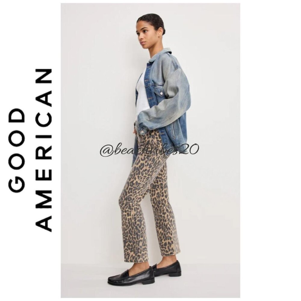 GOOD AMERICAN Good Kick Flare Leopard Jeans Luck Leopard001 8/29 NWT - Picture 2 of 6
